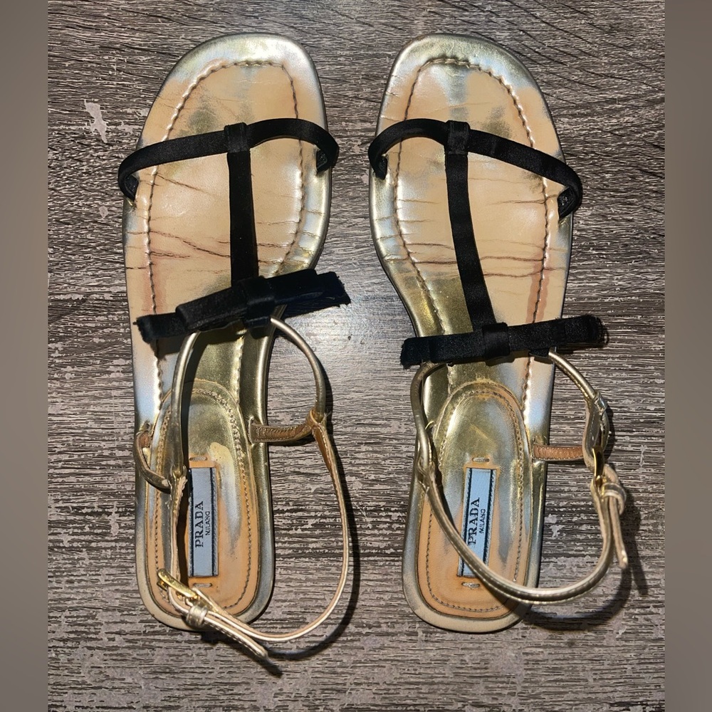 Prada Gold and Black Leather T-Strap Sandals